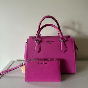 Michael Kors Marilyn Medium Satchel w/Smartphone Wallet BUNDLE Hot Pink Tote